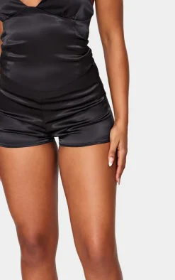 Hot PrettyLittleThing Satin Mid Rise Mini Shorts Black