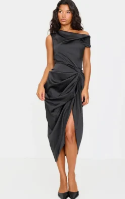 Satin Off The Shoulder Draped Skirt Midi Dress-PrettyLittleThing Clearance