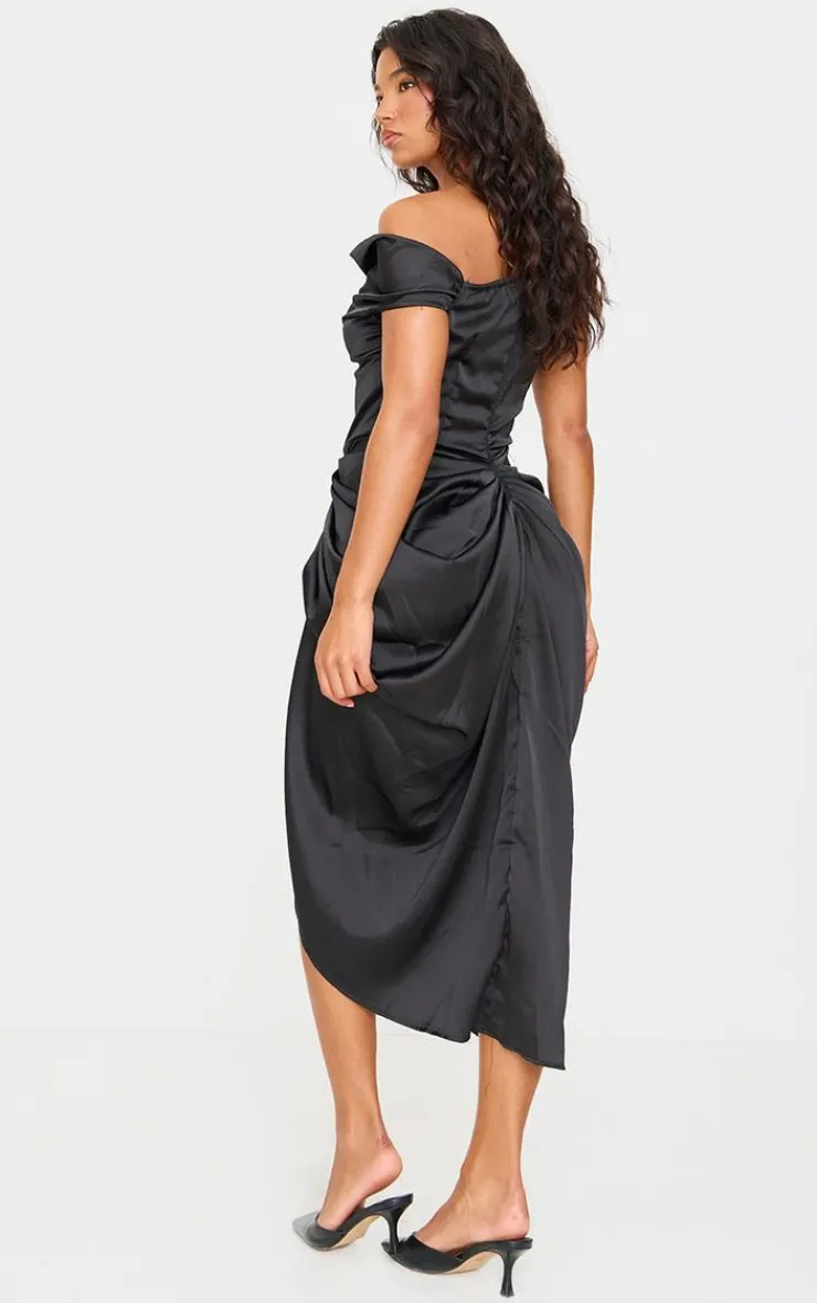 Satin Off The Shoulder Draped Skirt Midi Dress-PrettyLittleThing Clearance