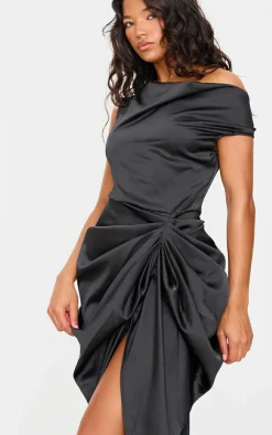 Satin Off The Shoulder Draped Skirt Midi Dress-PrettyLittleThing Clearance