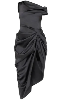 Satin Off The Shoulder Draped Skirt Midi Dress-PrettyLittleThing Clearance