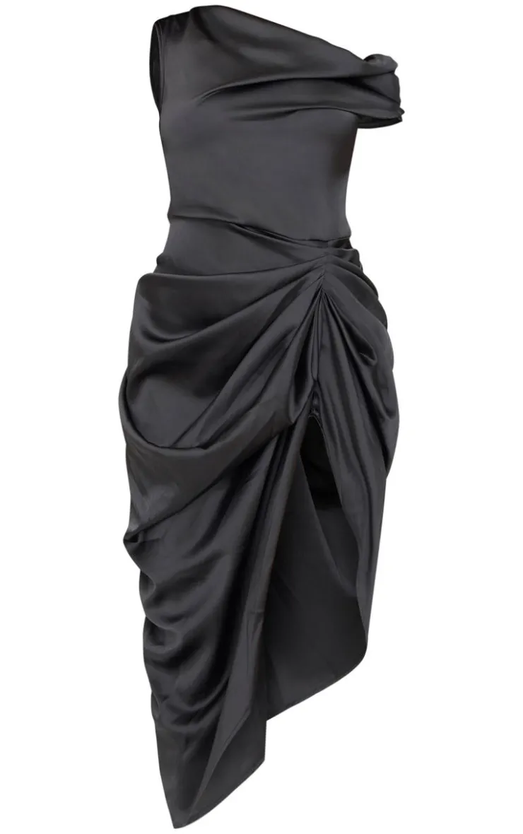 Satin Off The Shoulder Draped Skirt Midi Dress-PrettyLittleThing Clearance