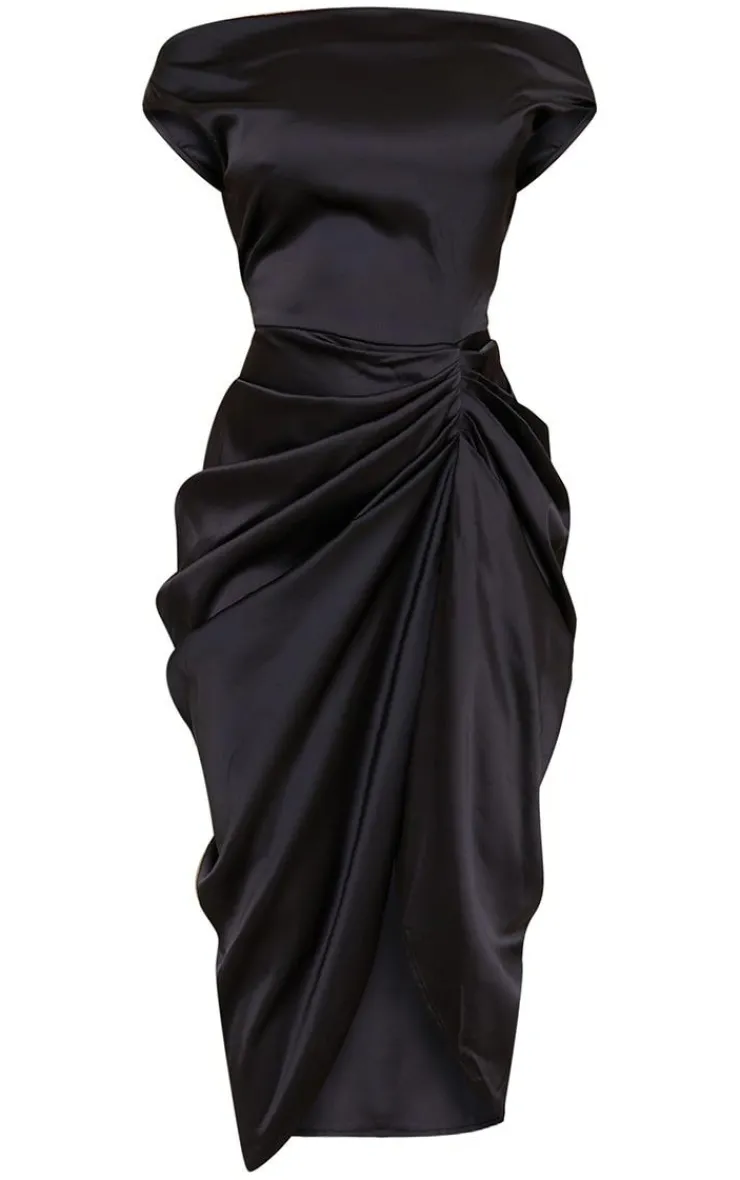 Satin Off The Shoulder Draped Skirt Midi Dress-PrettyLittleThing Clearance