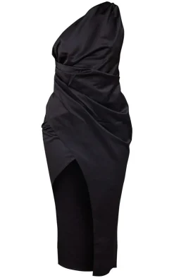Satin One Shoulder Pleat Detail Midi Dress-PrettyLittleThing New