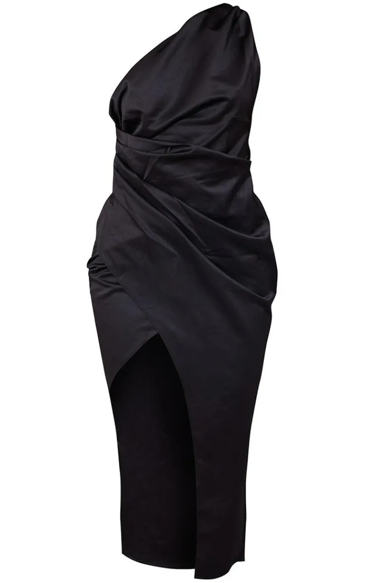Satin One Shoulder Pleat Detail Midi Dress-PrettyLittleThing New
