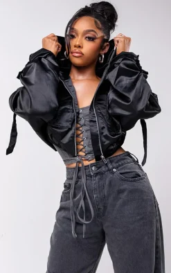 PrettyLittleThing Bomber Jackets*Satin Oversized Hooded Utility Bomber Jacket