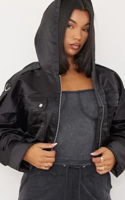 PrettyLittleThing Bomber Jackets*Satin Oversized Hooded Utility Bomber Jacket