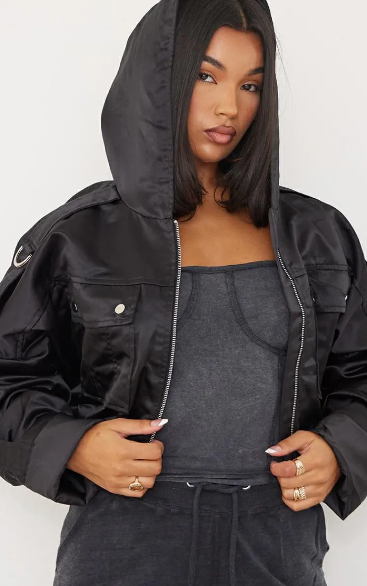 PrettyLittleThing Bomber Jackets*Satin Oversized Hooded Utility Bomber Jacket