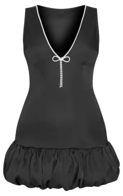 Satin Plunge Diamante Bow Puff Hem Bodycon Dress-PrettyLittleThing Best