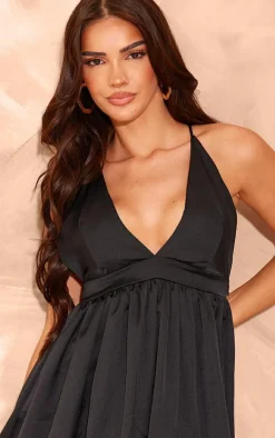 Satin Plunge Puffball Mini Dress-PrettyLittleThing Outlet