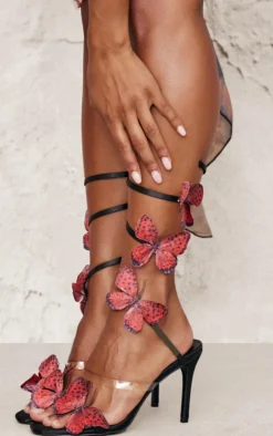 PrettyLittleThing High Heels*Satin Round Toe Butterfly Spiral Strap High Heeled Sandals