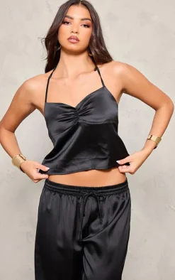 Discount PrettyLittleThing Satin Ruched Halterneck Tie Back Cami Top Black