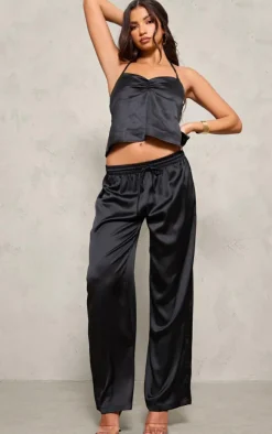 Discount PrettyLittleThing Satin Ruched Halterneck Tie Back Cami Top Black