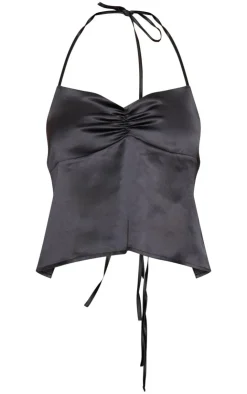 Discount PrettyLittleThing Satin Ruched Halterneck Tie Back Cami Top Black