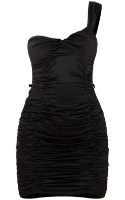 Satin Ruched One Shoulder Bodycon Dress-PrettyLittleThing