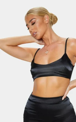 Clearance PrettyLittleThing Satin Scoop Neck Cropped Top Black