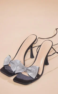 PrettyLittleThing Lace Up Heels*Satin Square Toe Diamante Bow Strappy Lace Up Heeled Sandals