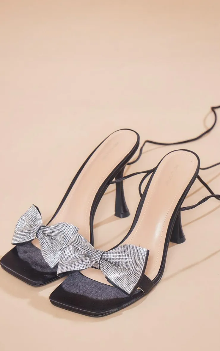 PrettyLittleThing Lace Up Heels*Satin Square Toe Diamante Bow Strappy Lace Up Heeled Sandals