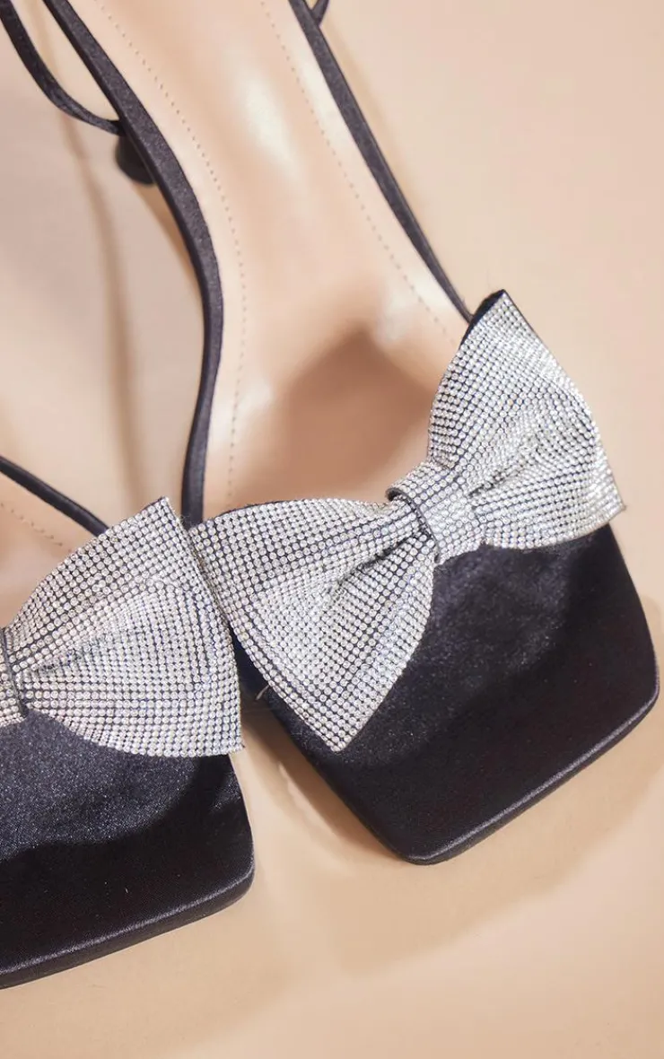PrettyLittleThing Lace Up Heels*Satin Square Toe Diamante Bow Strappy Lace Up Heeled Sandals