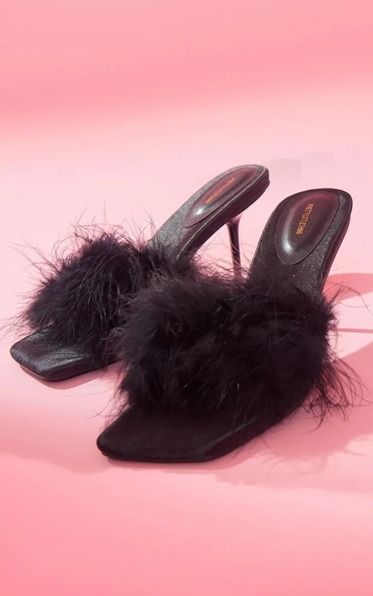 PrettyLittleThing Mules*Satin Square Toe Feather Low Heeled Mule Sandals