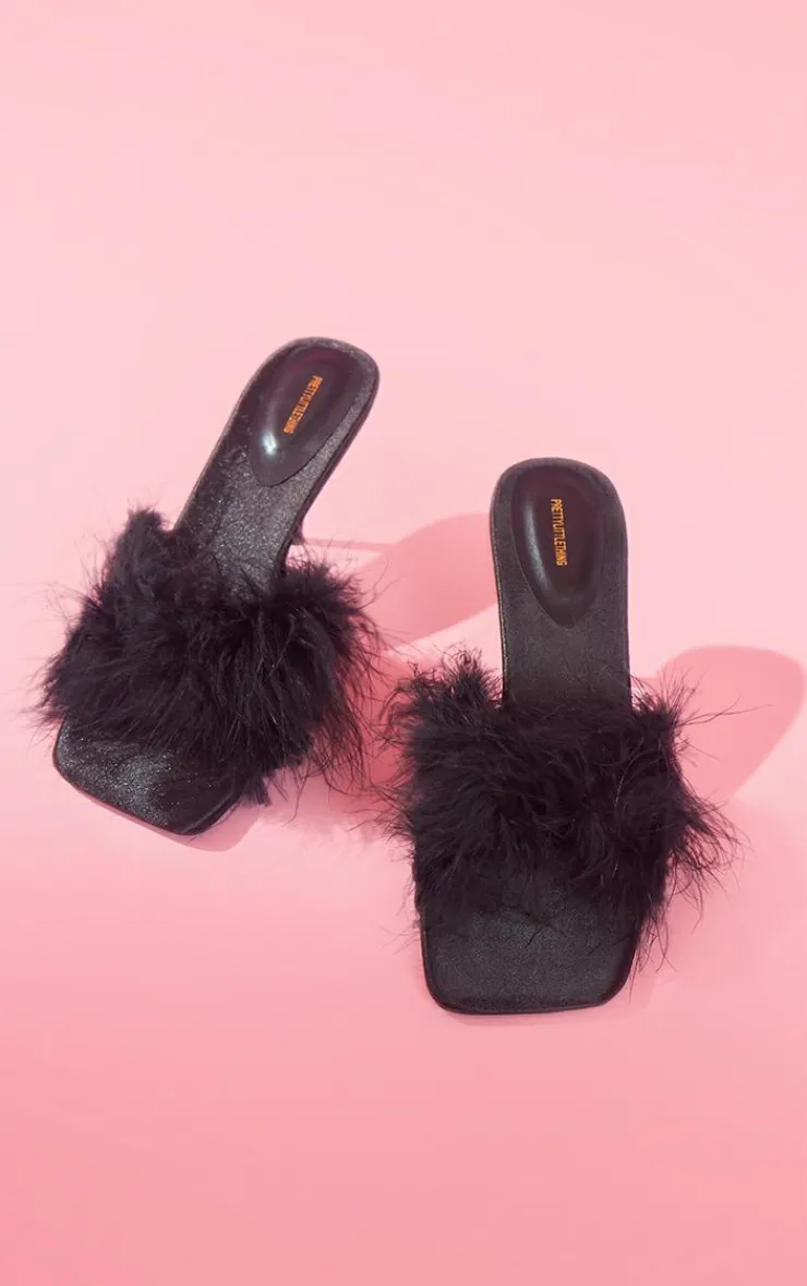 PrettyLittleThing Mules*Satin Square Toe Feather Low Heeled Mule Sandals