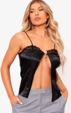 PrettyLittleThing Camisole*Satin Strappy Lace Trim Split Front Cami Top