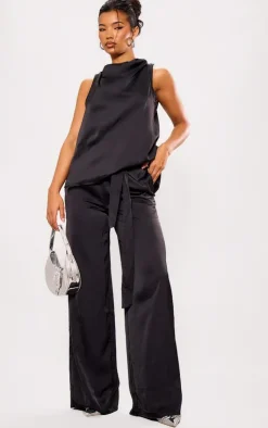 Discount PrettyLittleThing Satin Tailored Belted Wide Leg Pants Black