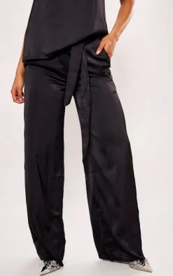 Discount PrettyLittleThing Satin Tailored Belted Wide Leg Pants Black