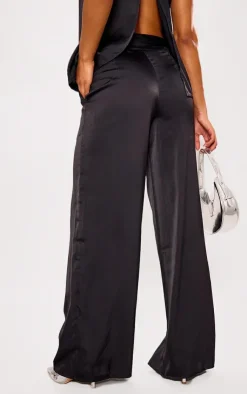 Discount PrettyLittleThing Satin Tailored Belted Wide Leg Pants Black