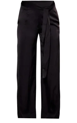 Discount PrettyLittleThing Satin Tailored Belted Wide Leg Pants Black