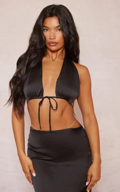 Discount PrettyLittleThing Satin Tie Front Triangle Bralet Black
