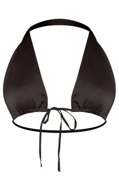 Discount PrettyLittleThing Satin Tie Front Triangle Bralet Black
