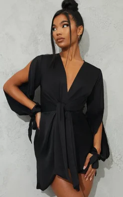 Satin Twist Front Open Sleeve Wrap Dress-PrettyLittleThing Online