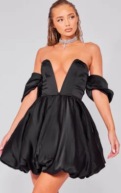 Satin V Bar Plunge Bardot Puff Ball Dress-PrettyLittleThing Discount