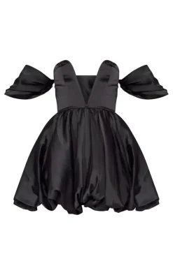 Satin V Bar Plunge Bardot Puff Ball Dress-PrettyLittleThing Discount
