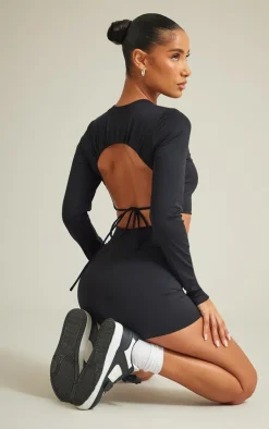 PrettyLittleThing Workout Tops*Sculpt Ruched Cut Out Tie Back Long Sleeve Top