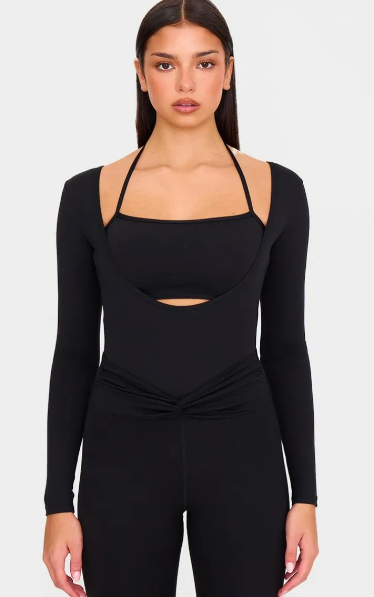PrettyLittleThing Gym Wear*Sculpt Tie Detail Long Sleeve Bodysuit