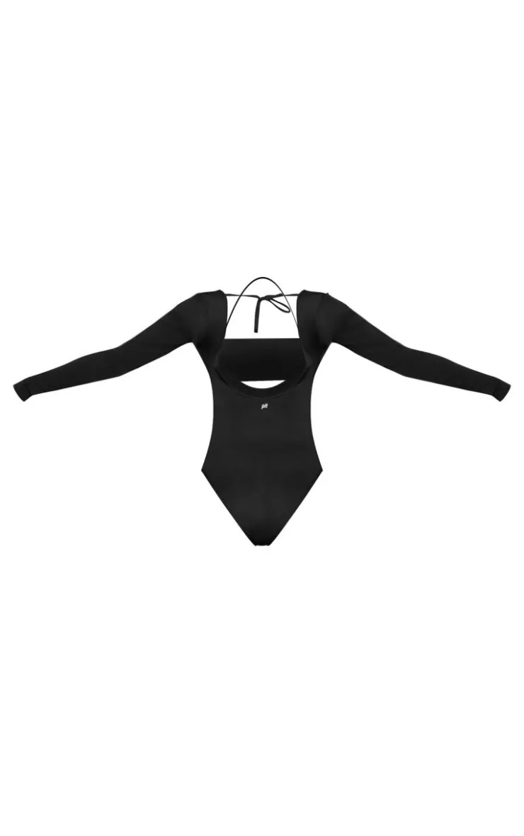 PrettyLittleThing Gym Wear*Sculpt Tie Detail Long Sleeve Bodysuit