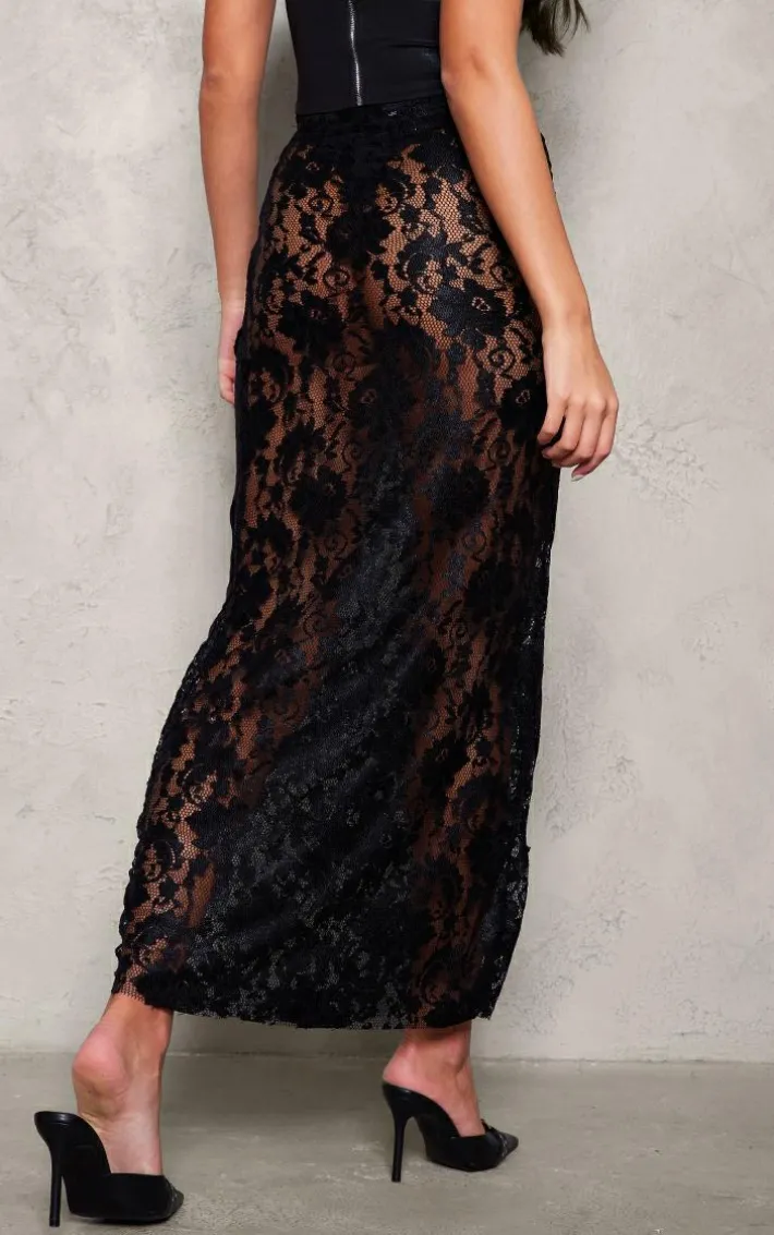 Black Seam Detail Lace Maxi Skirt