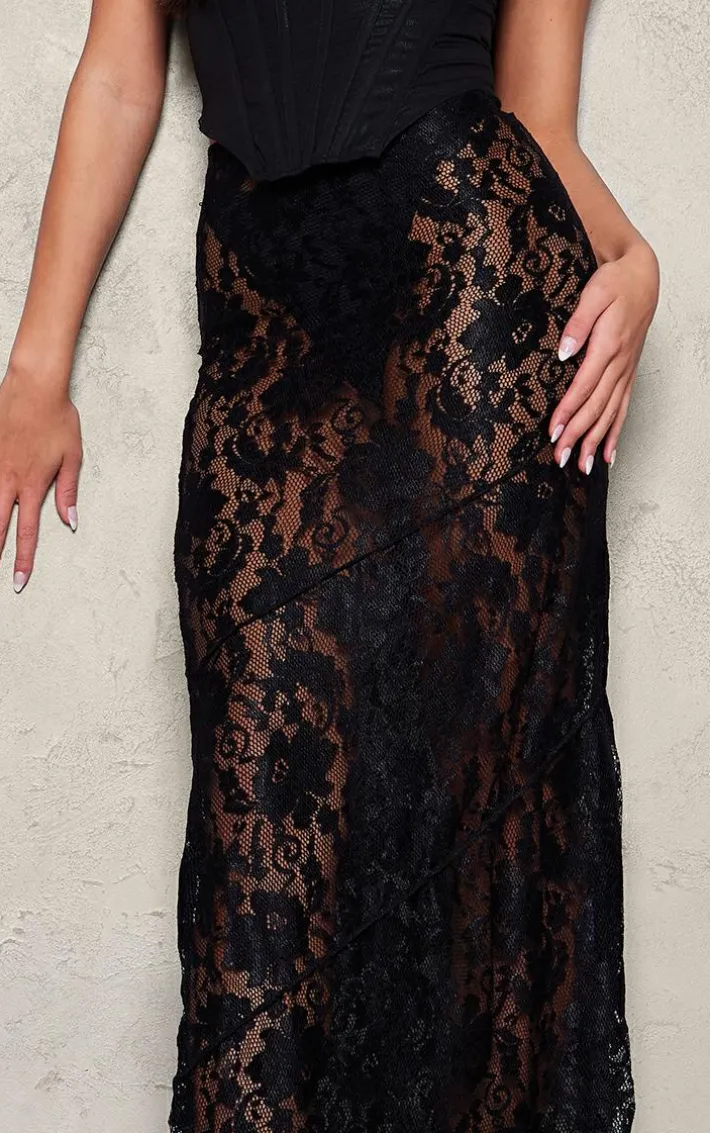 Black Seam Detail Lace Maxi Skirt
