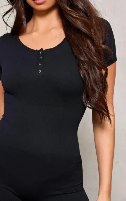 PrettyLittleThing Unitards*Seamless Button Detail Short Sleeve Unitard