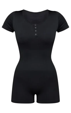 PrettyLittleThing Unitards*Seamless Button Detail Short Sleeve Unitard