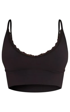 Black Seamless Rib Lace Trim Longline Bra