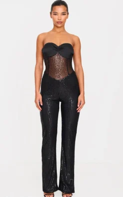 Sequin Bandeau Sheer Panel Jumpsuit-PrettyLittleThing Online