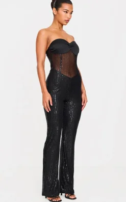 Sequin Bandeau Sheer Panel Jumpsuit-PrettyLittleThing Online