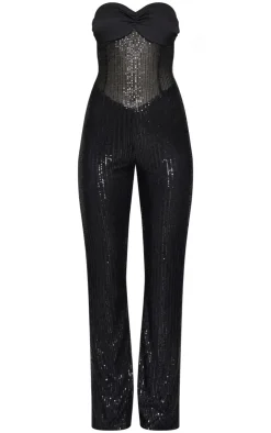 Sequin Bandeau Sheer Panel Jumpsuit-PrettyLittleThing Online