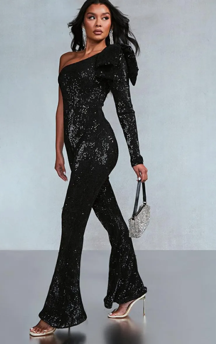 Sequin Bow One Shoulder Flared Jumpsuit-PrettyLittleThing Discount