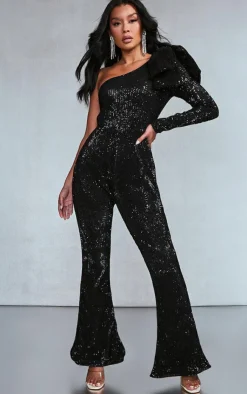 Sequin Bow One Shoulder Flared Jumpsuit-PrettyLittleThing Discount