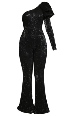 Sequin Bow One Shoulder Flared Jumpsuit-PrettyLittleThing Discount