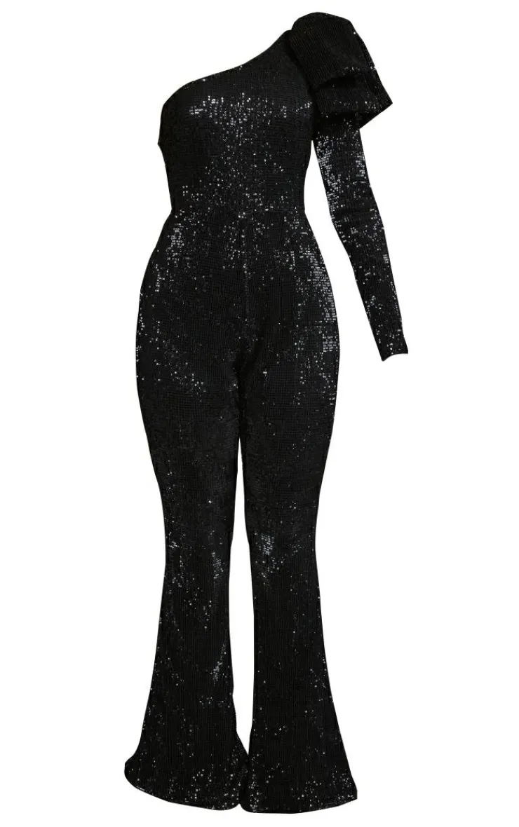 Sequin Bow One Shoulder Flared Jumpsuit-PrettyLittleThing Discount